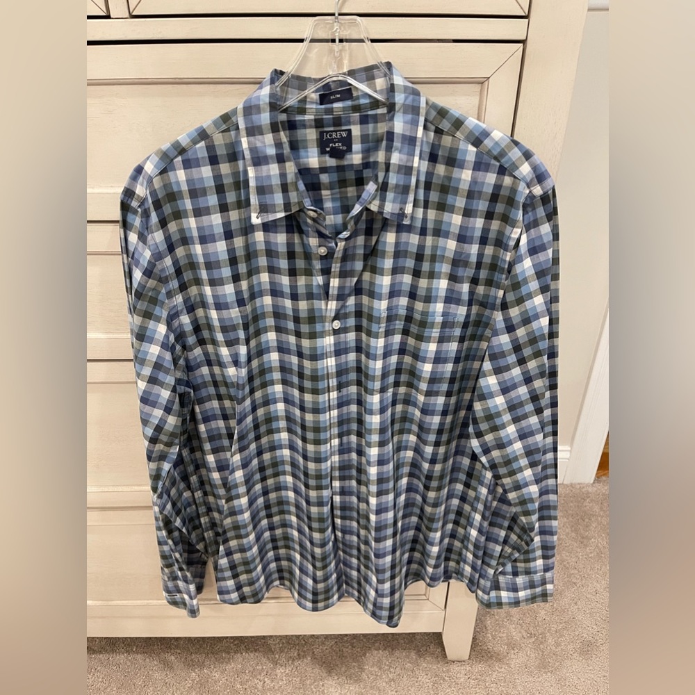Men’s J. Crew Oxford Button Up Shirt Checkered Blue/Green Size XL Slim Fit